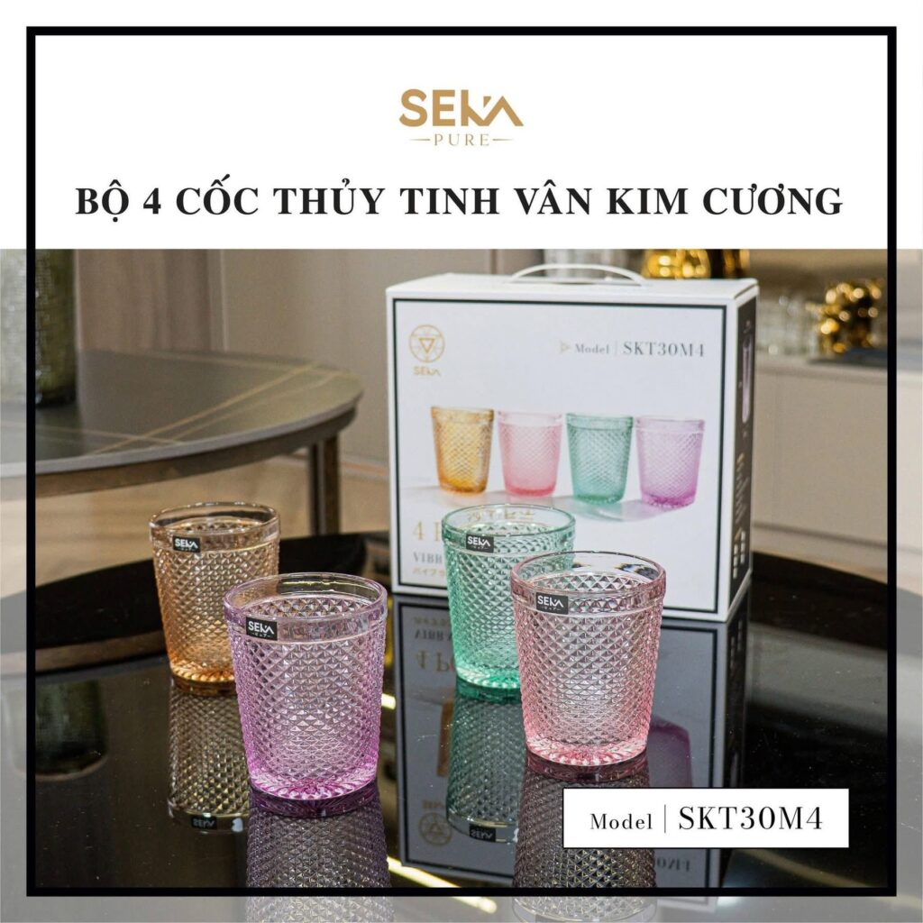 Đồ gia dụng Seka Bộ 4 Cốc Thủy Tinh SKT30M4 Vân Kim Cương Đa Sắc Cao Cấp